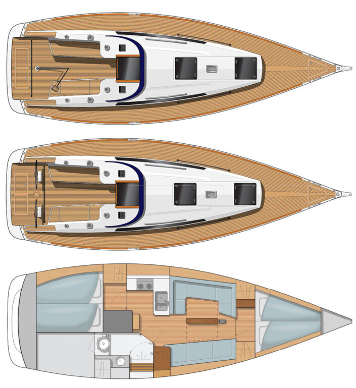 PLANLØSNING: Arcona 345 leveres med rorkult eller doble ratt. Innredningen byr på to lugarer, bra bysse og et stort bad. Det er også god plass i salongen. PLANLØSNING: Arcona 345 leveres med rorkult eller doble ratt. Innredningen byr på to lugarer, bra bysse og et stort bad. Det er også god plass i salongen.